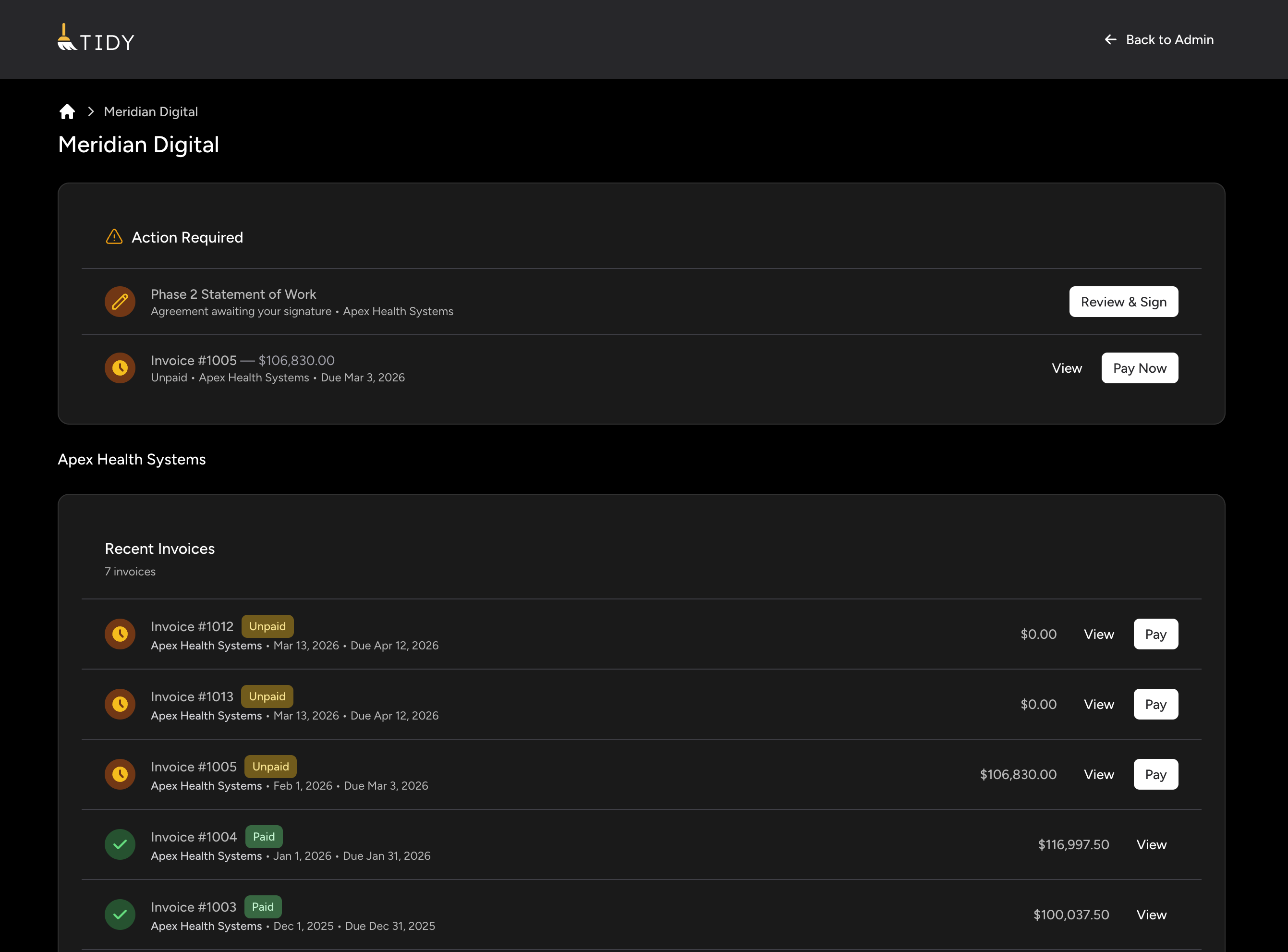 Tidy's client portal showing action items, recent invoices, payment status, and agreements in one view